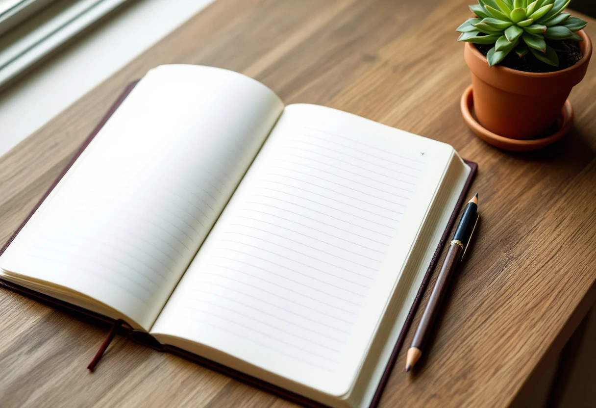 A paper notebook open on a wooden desk with a bulleted list, a wooden pencil resting across the page, and a small succulent in a terracotta pot.