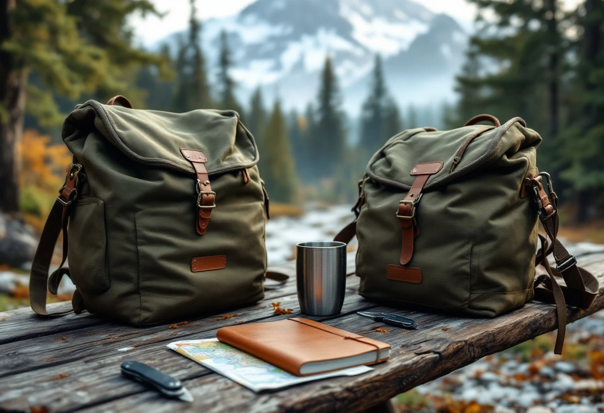 Pacific Northwest hiking gear flat-lay on a weathered wooden picnic table — olive drab waxed canvas day pack, leather notebook, stainless mug, folding knife.