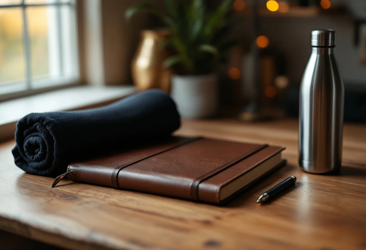 A wooden desk with a leather notebook open and a black compression knee sleeve folded on the corner of the desk next to a stainless steel water bottle.