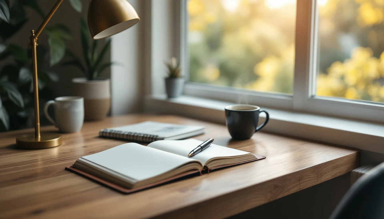 A minimal home office desk with a notebook, fountain pen, brass lamp, and a black coffee mug in soft morning light.